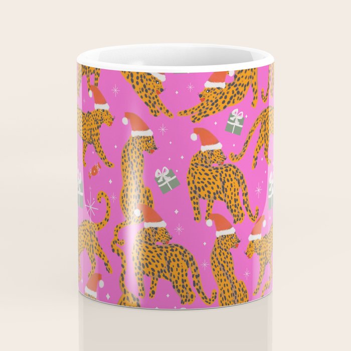 Fashionable cats with Christmas hats and gifts in fuchsia pink background  Coffee Mug Gallery Image 4