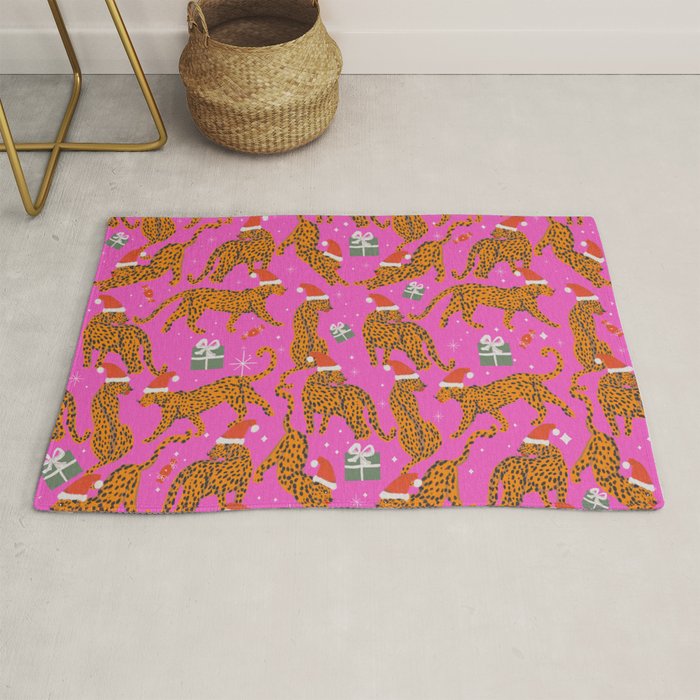 Fashionable cats with Christmas hats and gifts in fuchsia pink background  Rug Gallery Image 1
