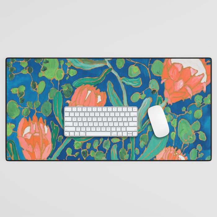 Coral Proteas on Blue Pattern Painting Desk Mat Gallery Image 1