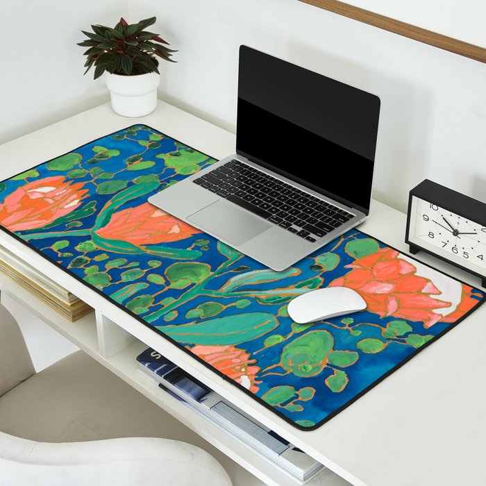 Coral Proteas on Blue Pattern Painting Desk Mat Gallery Image 2