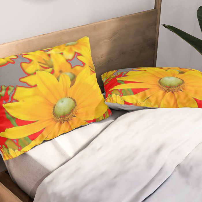 MODERN YELLOW FLOWERS GREY-RED ART Pillow Sham Gallery Image 2