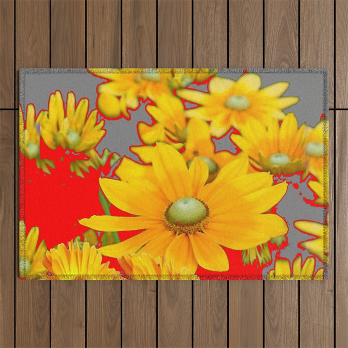 MODERN YELLOW FLOWERS GREY-RED ART Outdoor Rug