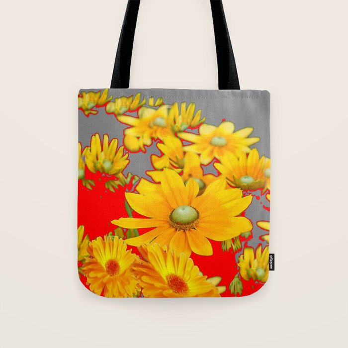 MODERN YELLOW FLOWERS GREY-RED ART Tote Bag Gallery Image 1