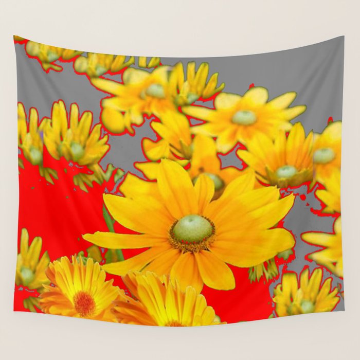 MODERN YELLOW FLOWERS GREY-RED ART Wall Tapestry Gallery Image 4