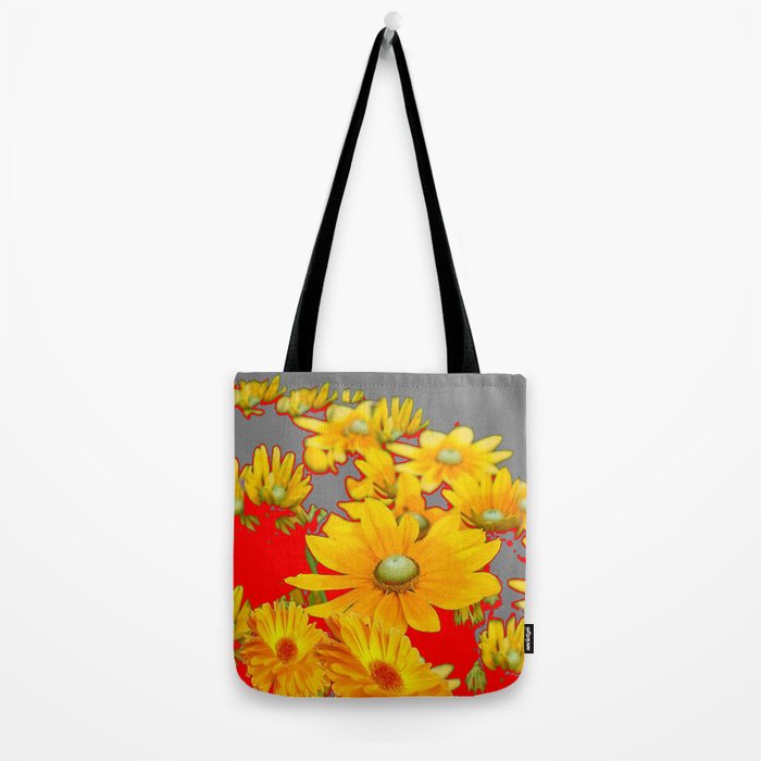 MODERN YELLOW FLOWERS GREY-RED ART Tote Bag Gallery Image 2