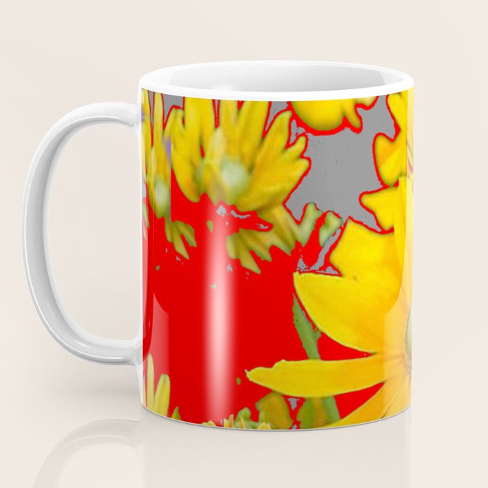 MODERN YELLOW FLOWERS GREY-RED ART Coffee Mug Gallery Image 3