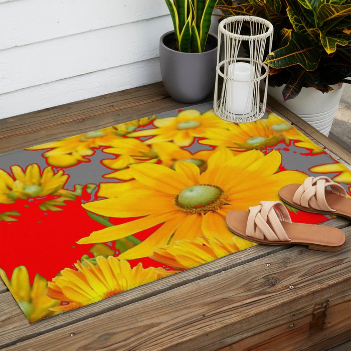 MODERN YELLOW FLOWERS GREY-RED ART Outdoor Rug Gallery Image 2