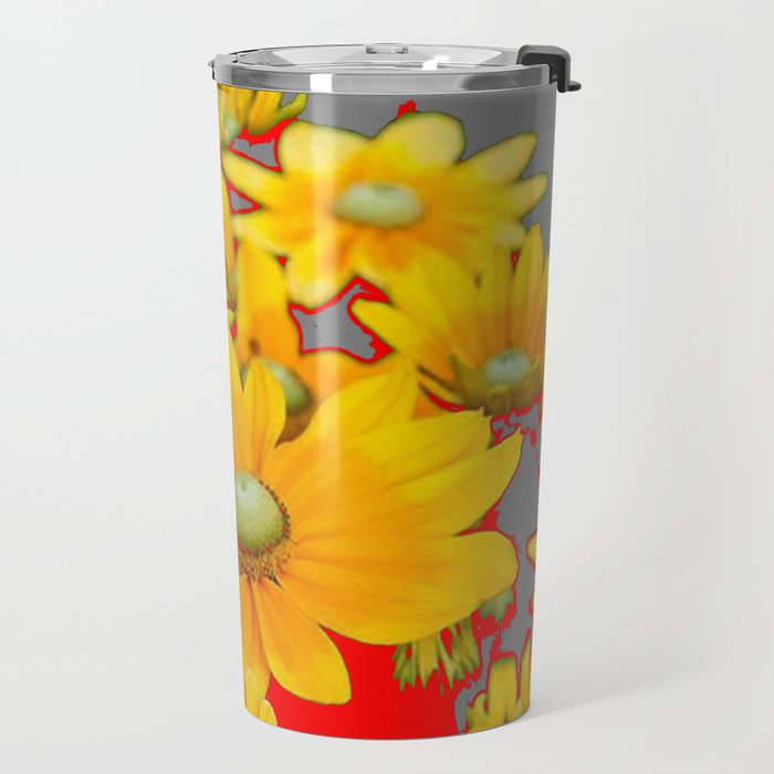 MODERN YELLOW FLOWERS GREY-RED ART Travel Mug Gallery Image 2