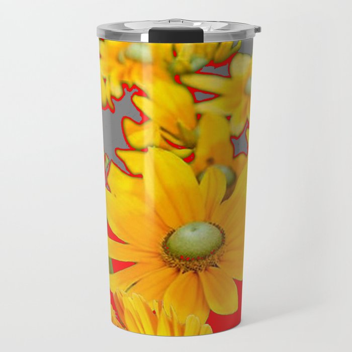 MODERN YELLOW FLOWERS GREY-RED ART Travel Mug Gallery Image 1