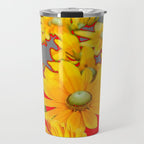 MODERN YELLOW FLOWERS GREY-RED ART Travel Mug Gallery Image 1