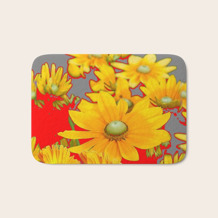 MODERN YELLOW FLOWERS GREY-RED ART Bath Mat
