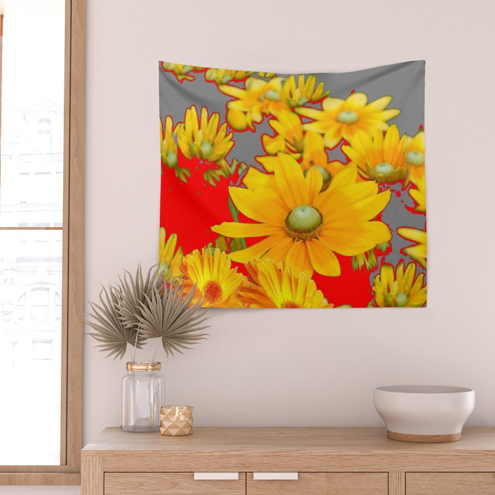 MODERN YELLOW FLOWERS GREY-RED ART Wall Tapestry Gallery Image 2