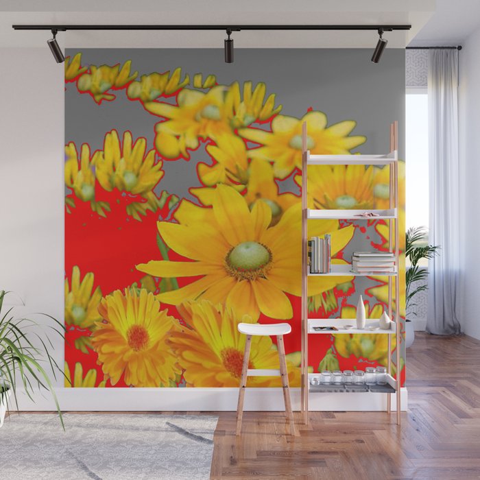 MODERN YELLOW FLOWERS GREY-RED ART Wall Mural Gallery Image 1
