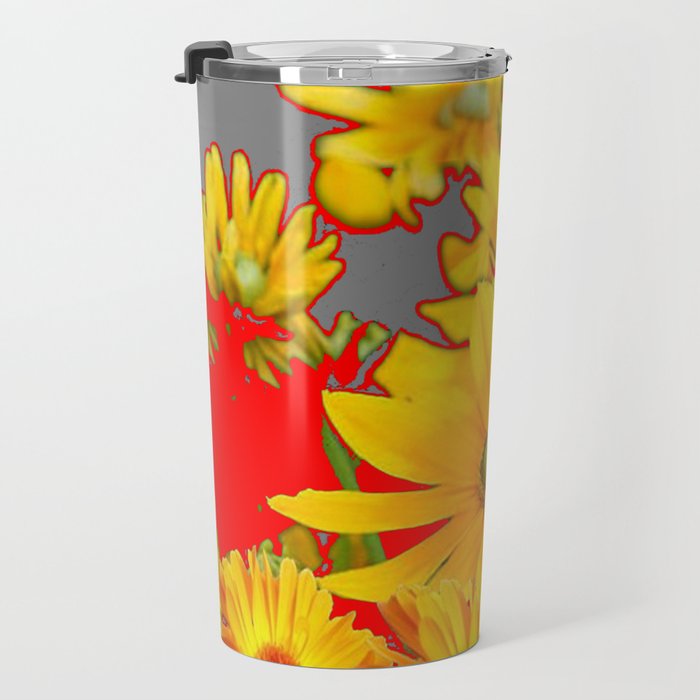 MODERN YELLOW FLOWERS GREY-RED ART Travel Mug Gallery Image 3