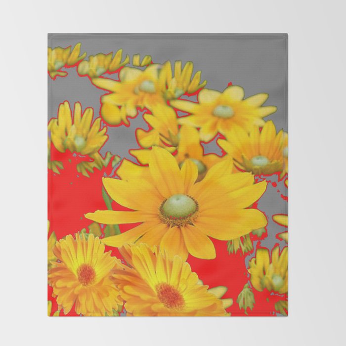 MODERN YELLOW FLOWERS GREY-RED ART Throw Blanket Gallery Image 2