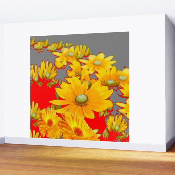 MODERN YELLOW FLOWERS GREY-RED ART Wall Mural Gallery Image 2
