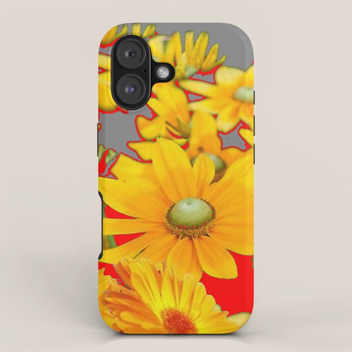 MODERN YELLOW FLOWERS GREY-RED ART iPhone Case Gallery Image 1
