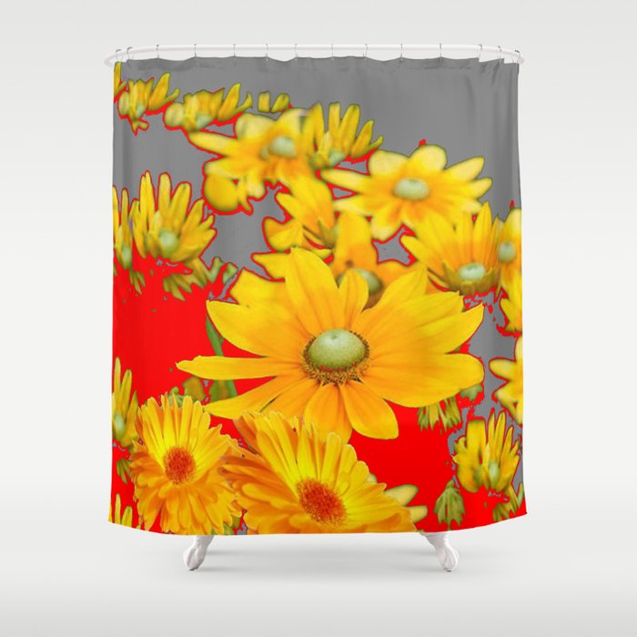 MODERN YELLOW FLOWERS GREY-RED ART Shower Curtain Gallery Image 1