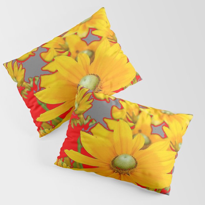 MODERN YELLOW FLOWERS GREY-RED ART Pillow Sham Gallery Image 3