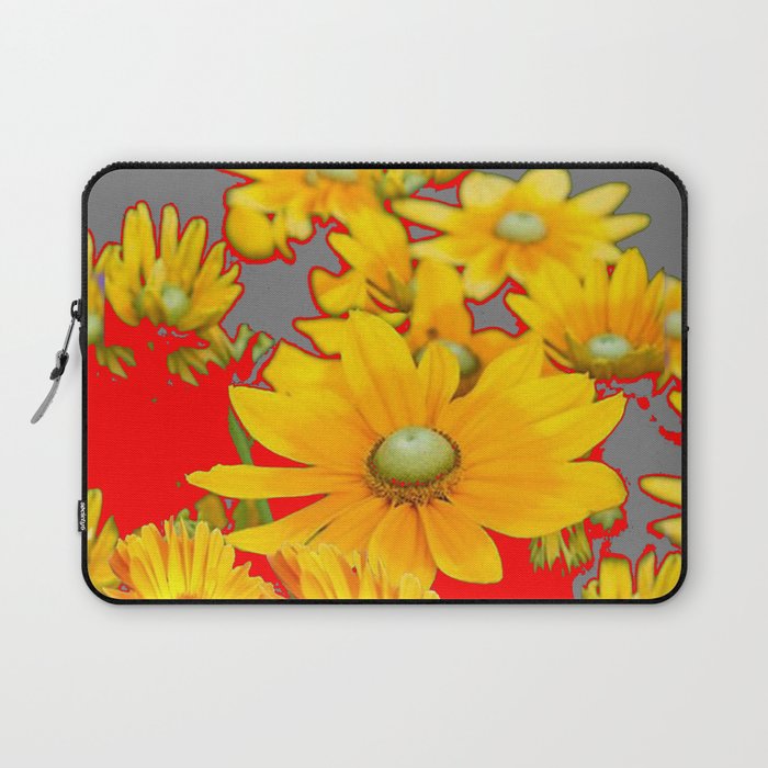MODERN YELLOW FLOWERS GREY-RED ART Laptop Sleeve Gallery Image 1