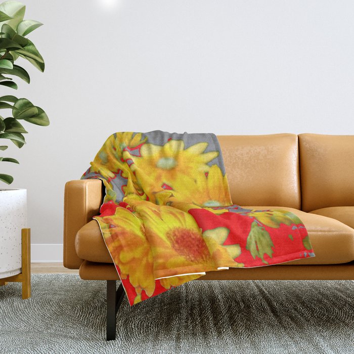 MODERN YELLOW FLOWERS GREY-RED ART Throw Blanket Gallery Image 1