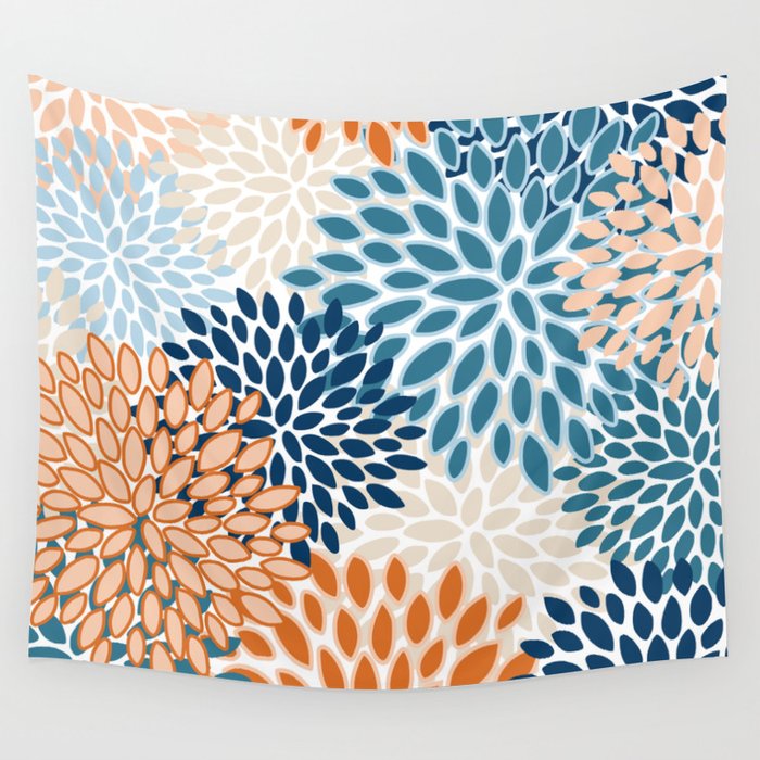 Floral Blooms, Teal, ;Blue, Orange Wall Tapestry Gallery Image 4