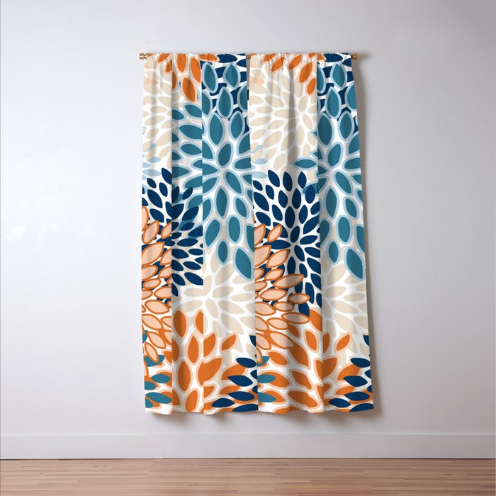 Floral Blooms, Teal, ;Blue, Orange Window Curtain Gallery Image 3