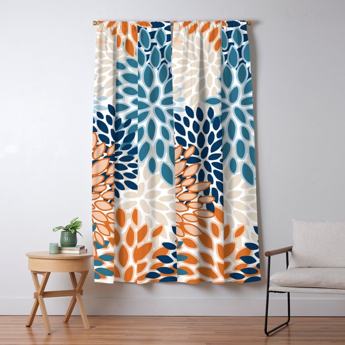 Floral Blooms, Teal, ;Blue, Orange Window Curtain Gallery Image 1
