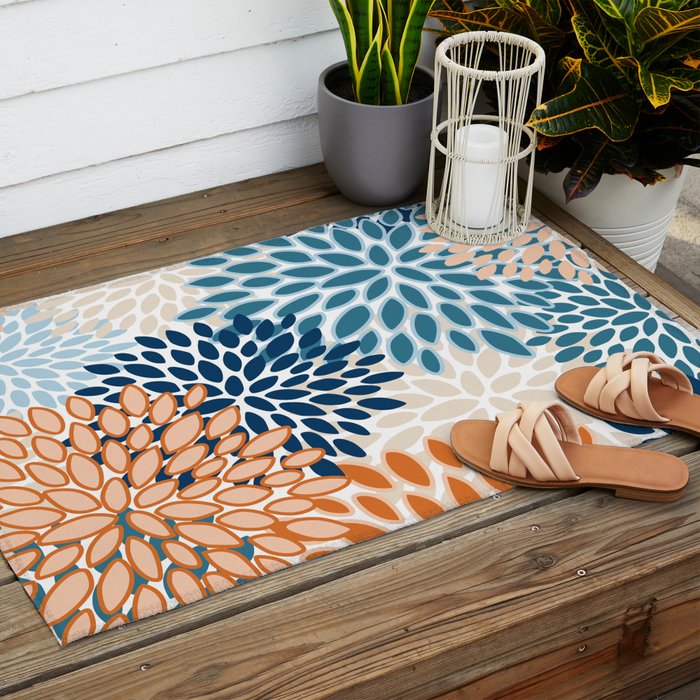 Floral Blooms, Teal, ;Blue, Orange Outdoor Rug Gallery Image 2