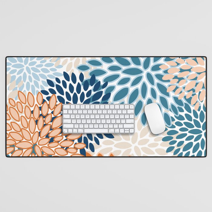 Floral Blooms, Teal, ;Blue, Orange Desk Mat Gallery Image 1