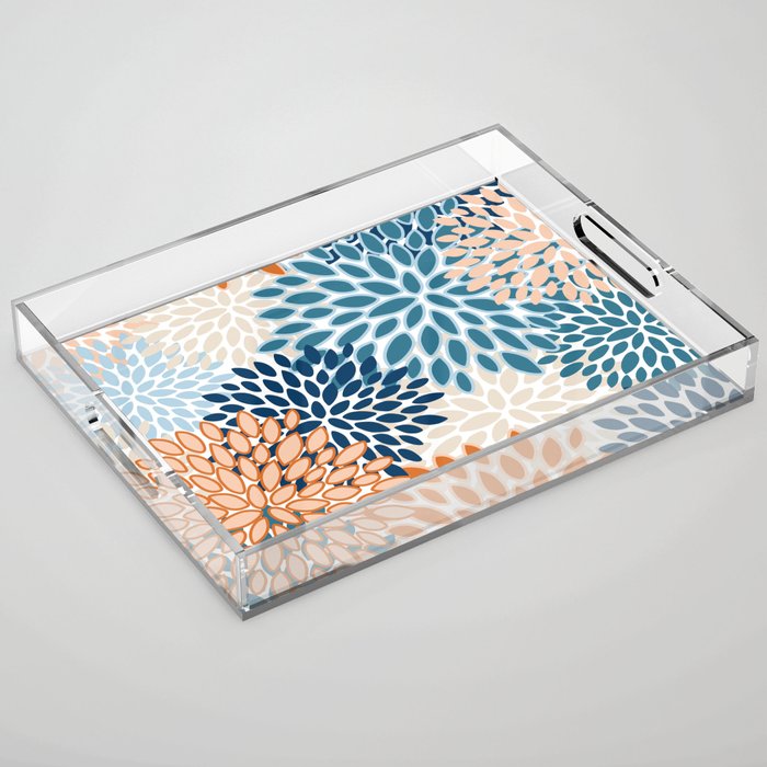 Floral Blooms, Teal, ;Blue, Orange Acrylic Tray Gallery Image 1