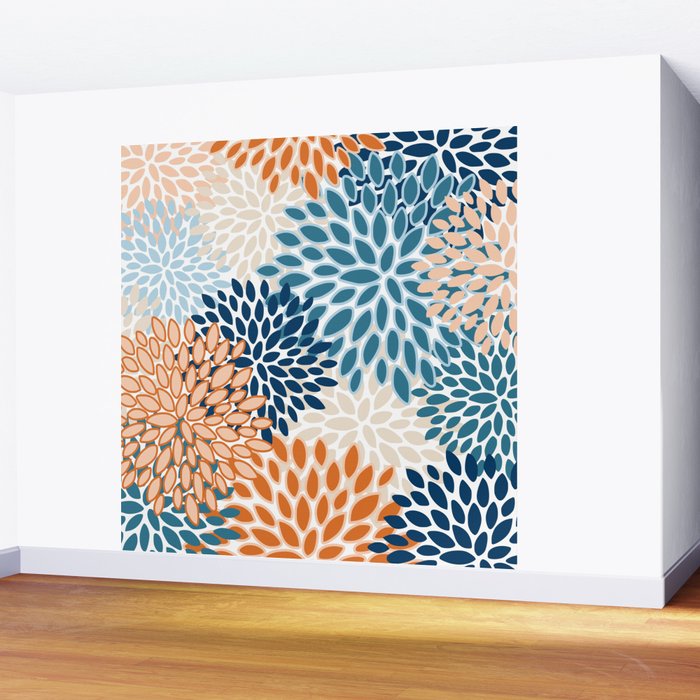 Floral Blooms, Teal, ;Blue, Orange Wall Mural Gallery Image 2