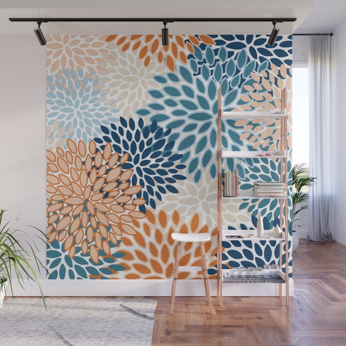 Floral Blooms, Teal, ;Blue, Orange Wall Mural Gallery Image 1