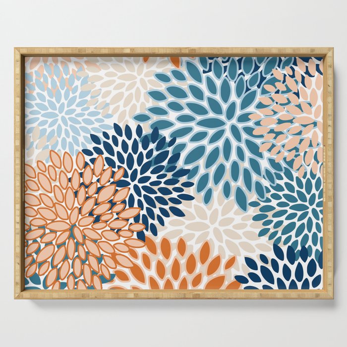 Floral Blooms, Teal, ;Blue, Orange Serving Tray Gallery Image 1