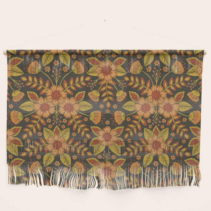 Orange, Peach, Olive Green & Dark Gray Floral Pattern Wall Hanging Gallery Image 1