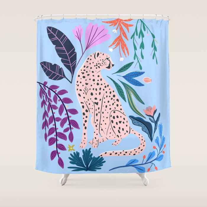 Blush pink Cheetah in jungle florals / jungle cat print /modern art Shower Curtain Gallery Image 1