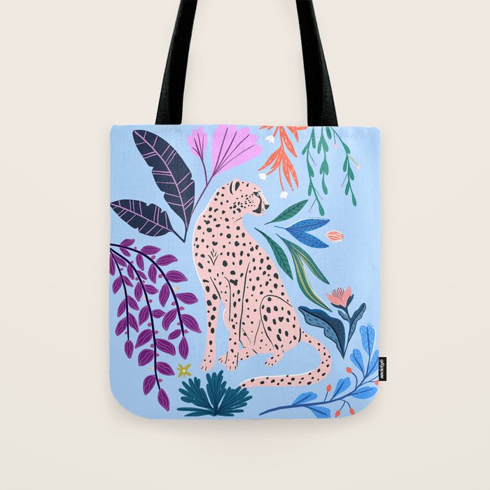 Blush pink Cheetah in jungle florals / jungle cat print /modern art Tote Bag Gallery Image 1