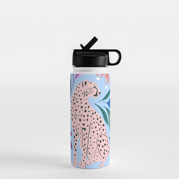 Blush pink Cheetah in jungle florals / jungle cat print /modern art Water Bottle Gallery Image 1