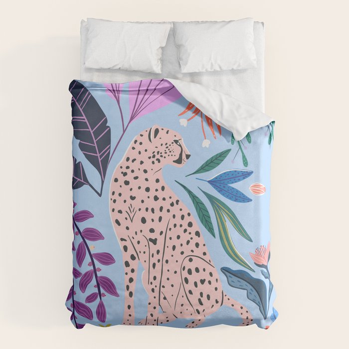 Blush pink Cheetah in jungle florals / jungle cat print /modern art Duvet Cover Gallery Image 6