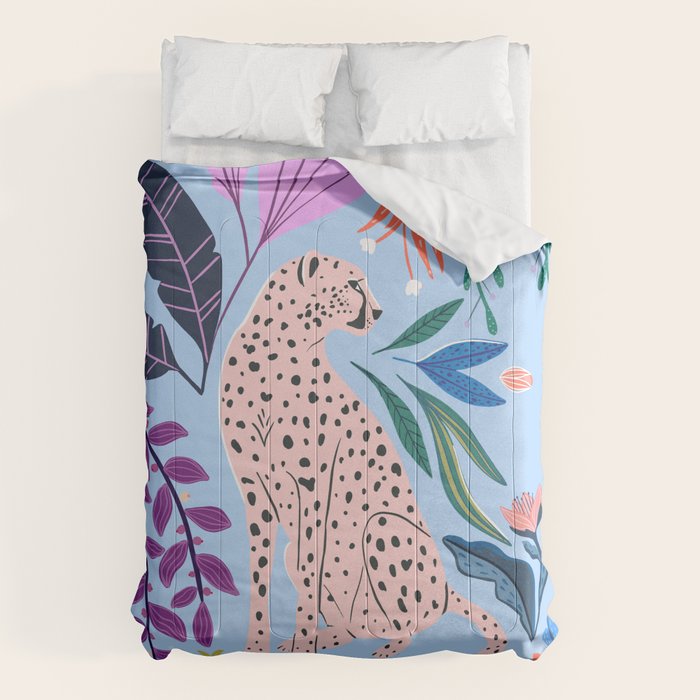 Blush pink Cheetah in jungle florals / jungle cat print /modern art Comforter Gallery Image 1