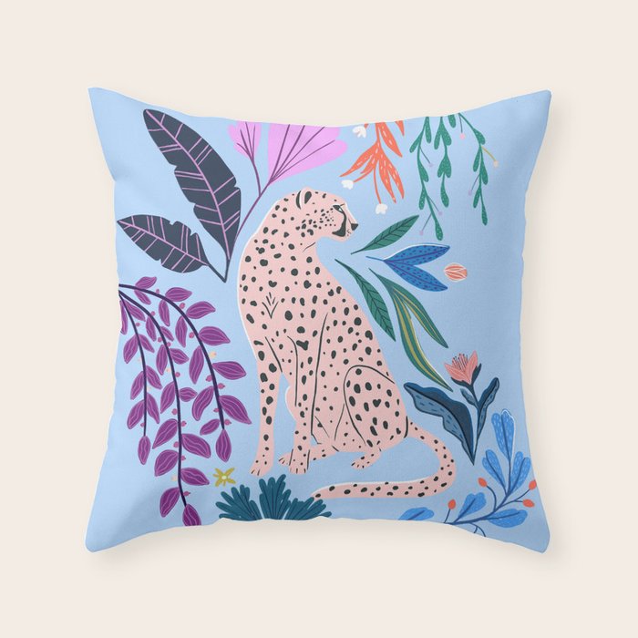 Blush pink Cheetah in jungle florals / jungle cat print /modern art Throw Pillow Gallery Image 6
