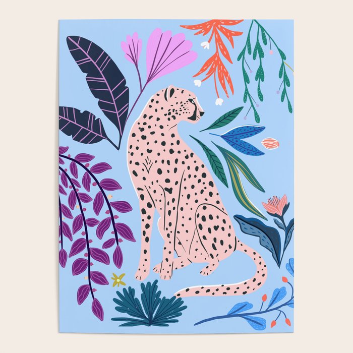 Blush pink Cheetah in jungle florals / jungle cat print /modern art Poster Gallery Image 4
