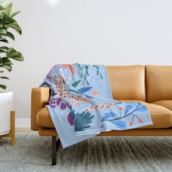 Blush pink Cheetah in jungle florals / jungle cat print /modern art Throw Blanket Gallery Image 1