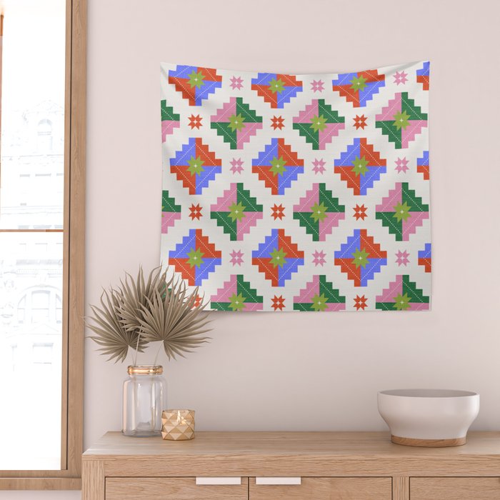 Festive Quilted Starburst Pattern - Vibrant Holiday Design Wall Tapestry Gallery Image 2