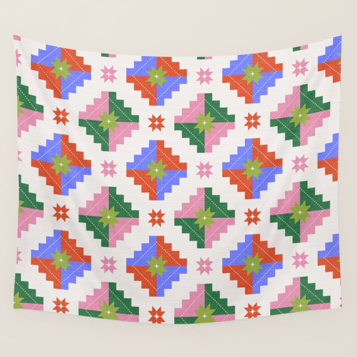 Festive Quilted Starburst Pattern - Vibrant Holiday Design Wall Tapestry Gallery Image 4