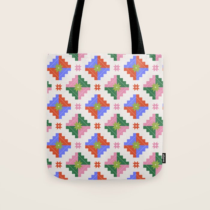 Festive Quilted Starburst Pattern - Vibrant Holiday Design Tote Bag Gallery Image 1