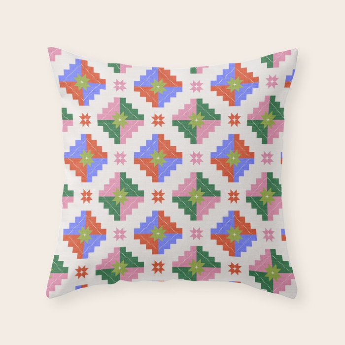Festive Quilted Starburst Pattern - Vibrant Holiday Design Throw Pillow Gallery Image 1
