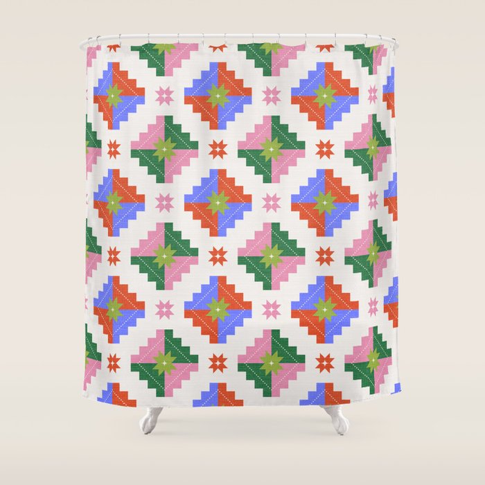 Festive Quilted Starburst Pattern - Vibrant Holiday Design Shower Curtain Gallery Image 1