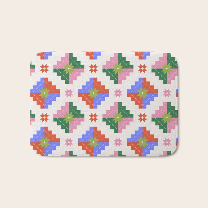 Festive Quilted Starburst Pattern - Vibrant Holiday Design Bath Mat Gallery Image 1