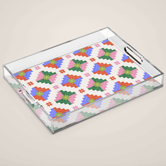 Festive Quilted Starburst Pattern - Vibrant Holiday Design Acrylic Tray Gallery Image 1